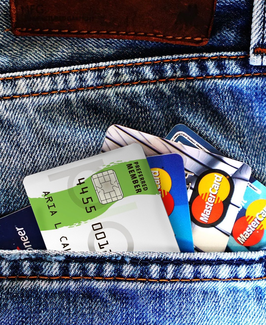 Different credit cards in a person's jean pocket. 